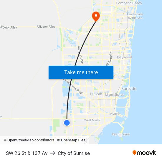 SW 26 St & 137 Av to City of Sunrise map