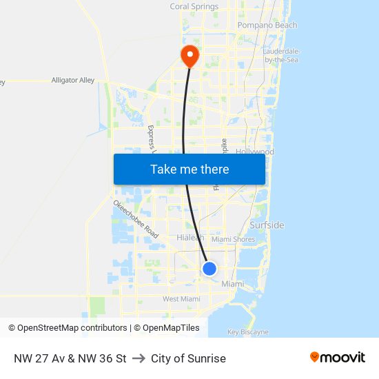 NW 27 Av & NW 36 St to City of Sunrise map