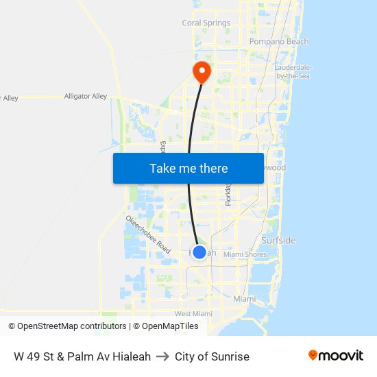 W 49 St & Palm Av Hialeah to City of Sunrise map