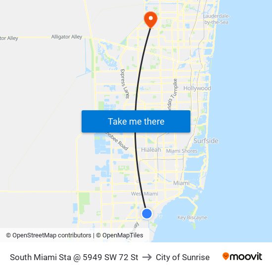 South Miami Sta @ 5949 SW 72 St to City of Sunrise map