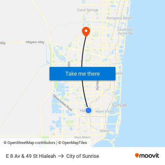 E 8 Av & 49 St Hialeah to City of Sunrise map