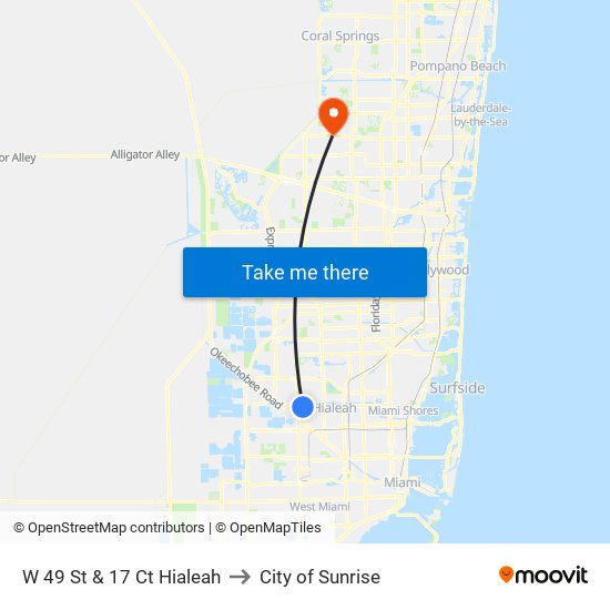 W 49 St & 17 Ct Hialeah to City of Sunrise map