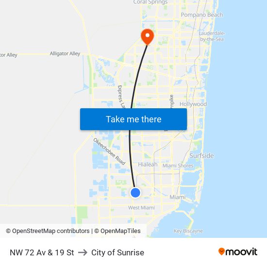 NW 72 Av & 19 St to City of Sunrise map