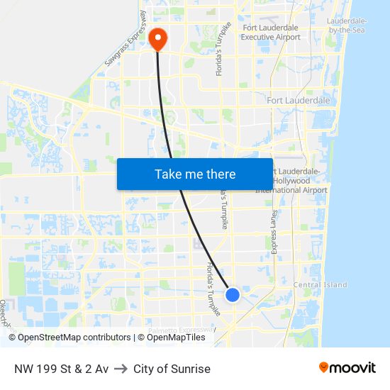 NW 199 St & 2 Av to City of Sunrise map