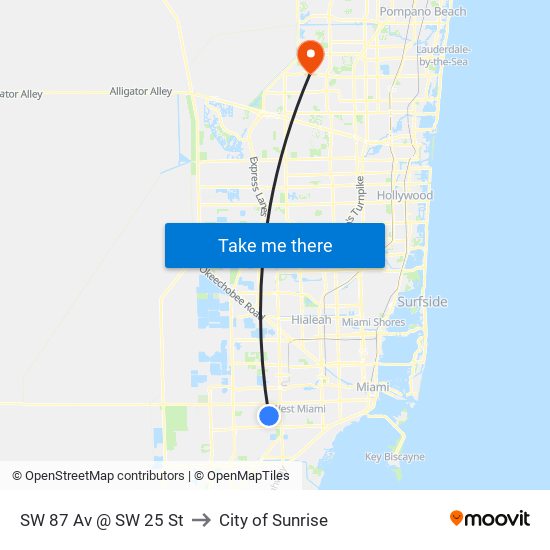 SW 87 Av @ SW 25 St to City of Sunrise map