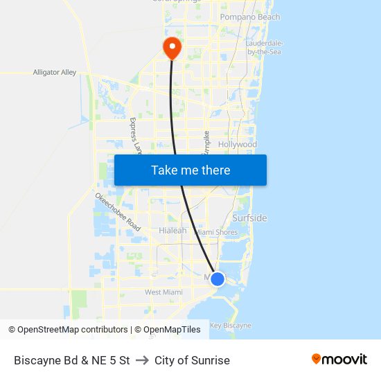 Biscayne Bd & NE 5 St to City of Sunrise map