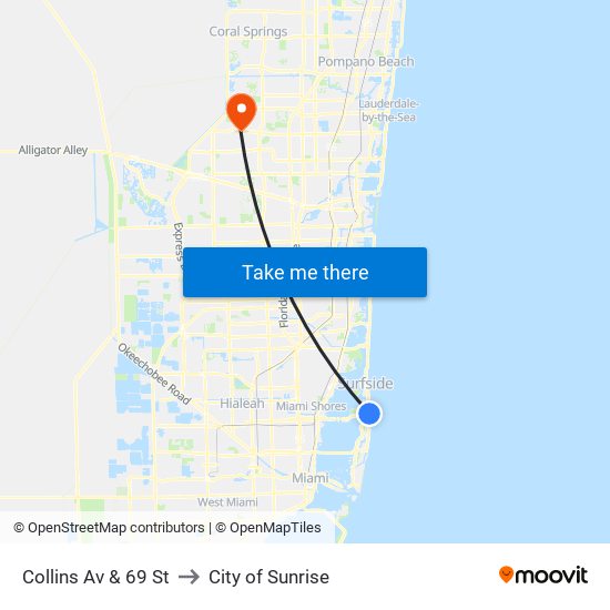 Collins Av & 69 St to City of Sunrise map