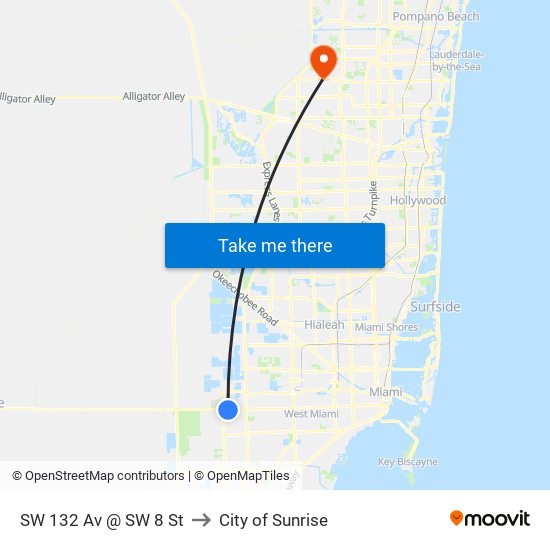 SW 132 Av @ SW 8 St to City of Sunrise map