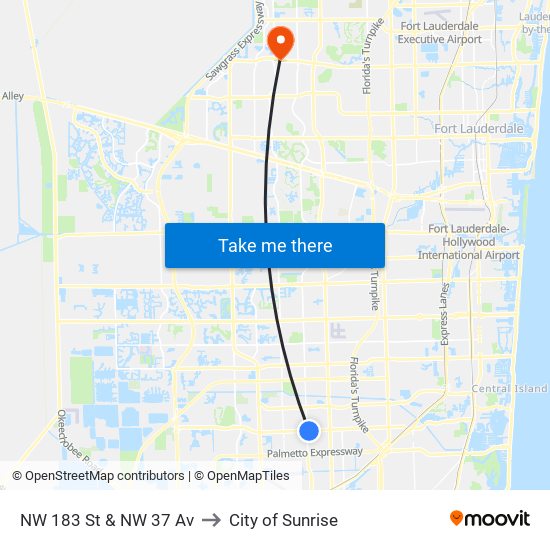 NW 183 St & NW 37 Av to City of Sunrise map