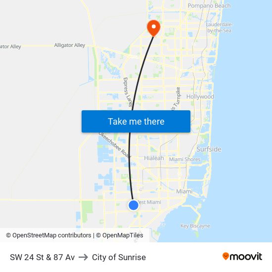 SW 24 St & 87 Av to City of Sunrise map