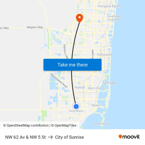 NW 62 Av & NW 5 St to City of Sunrise map