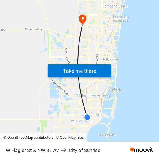 W Flagler St & NW 37 Av to City of Sunrise map