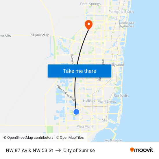 NW 87 Av & NW 53 St to City of Sunrise map