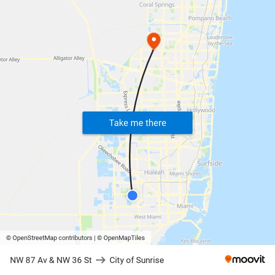 NW 87 Av & NW 36 St to City of Sunrise map