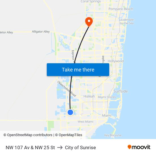 NW 107 Av & NW 25 St to City of Sunrise map