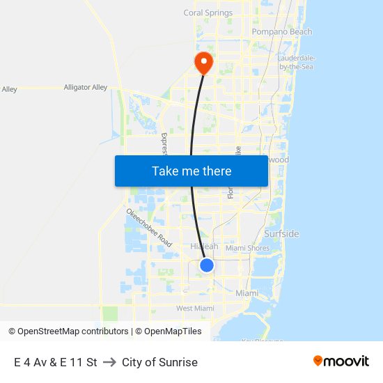 E 4 Av & E 11 St to City of Sunrise map