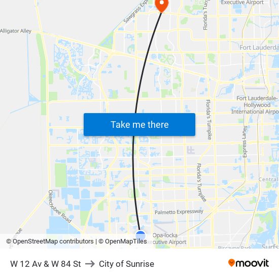 W 12 Av & W 84 St to City of Sunrise map