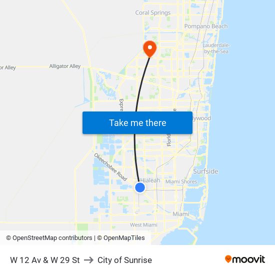 W 12 Av & W 29 St to City of Sunrise map