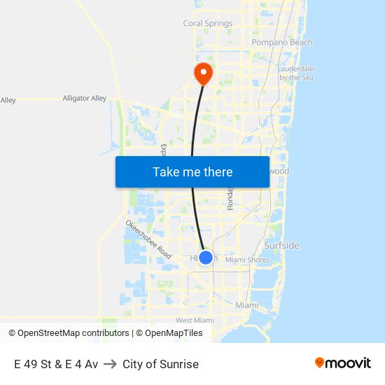 E 49 St & E 4 Av to City of Sunrise map