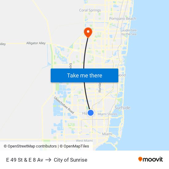 E 49 St & E 8 Av to City of Sunrise map