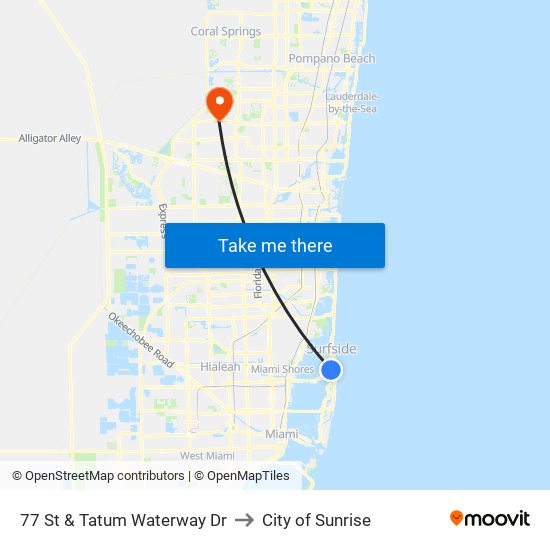 77 St & Tatum Waterway Dr to City of Sunrise map