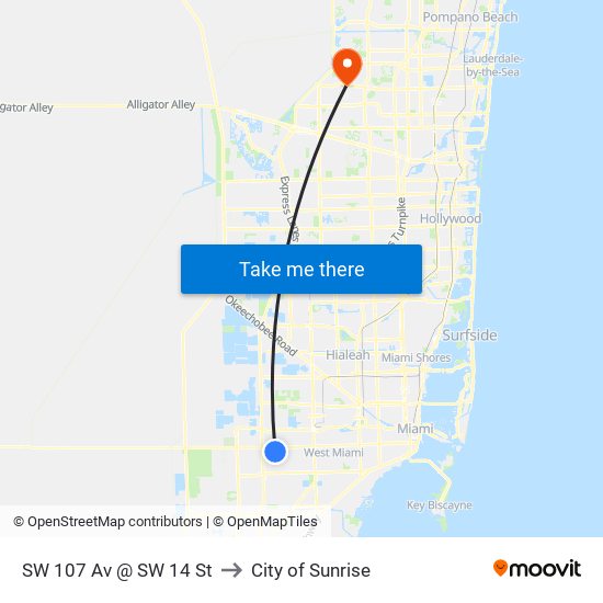 SW 107 Av @ SW 14 St to City of Sunrise map