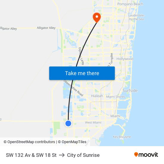 SW 132 Av & SW 18 St to City of Sunrise map