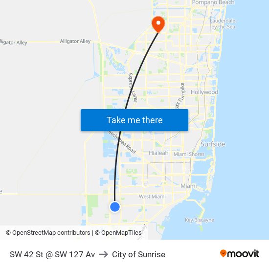 SW 42 St @ SW 127 Av to City of Sunrise map