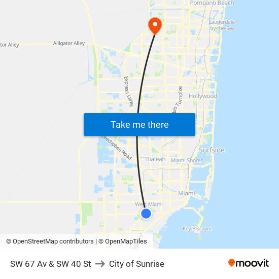 SW 67 Av & SW 40 St to City of Sunrise map