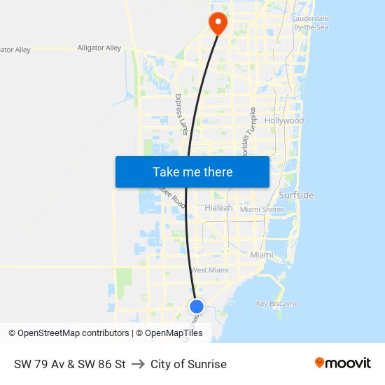 SW 79 Av & SW 86 St to City of Sunrise map