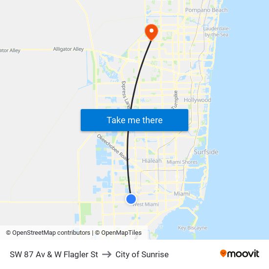 SW 87 Av & W Flagler St to City of Sunrise map