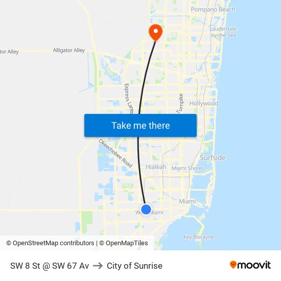 SW 8 St @ SW 67 Av to City of Sunrise map