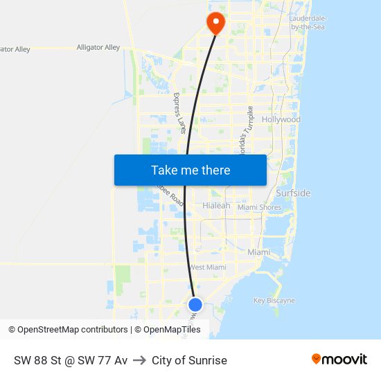 SW 88 St @ SW 77 Av to City of Sunrise map