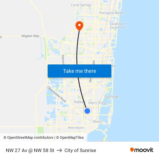 NW 27 Av @ NW 58 St to City of Sunrise map