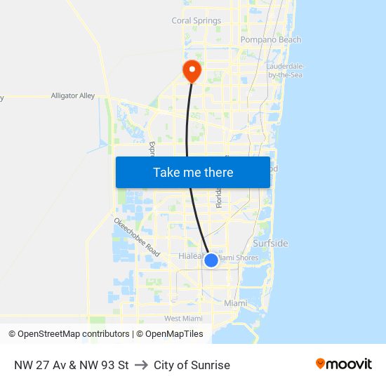 NW 27 Av & NW 93 St to City of Sunrise map