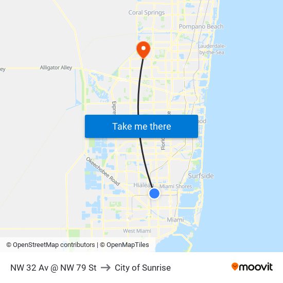 NW 32 Av @ NW 79 St to City of Sunrise map