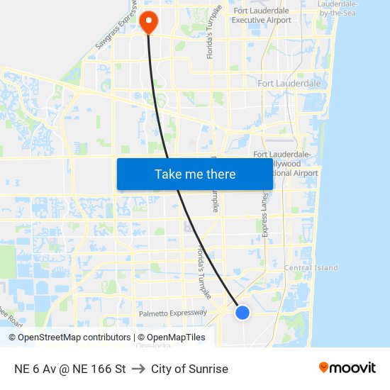 NE 6 Av @ NE 166 St to City of Sunrise map