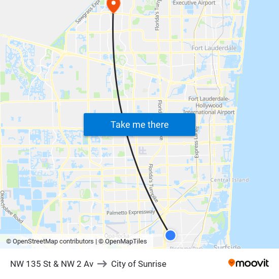 NW 135 St & NW 2 Av to City of Sunrise map