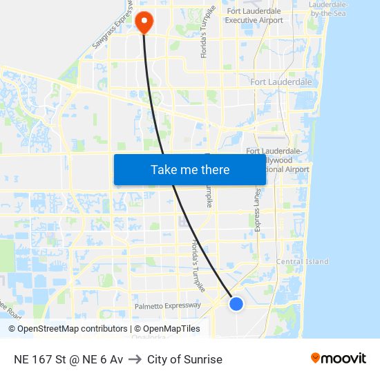 NE 167 St @ NE 6 Av to City of Sunrise map