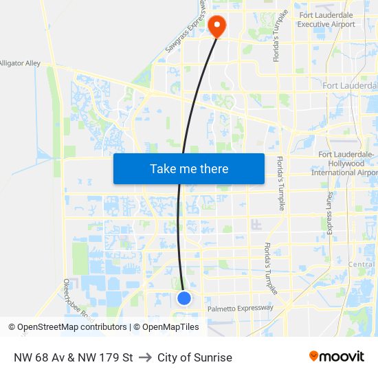 NW 68 Av & NW 179 St to City of Sunrise map