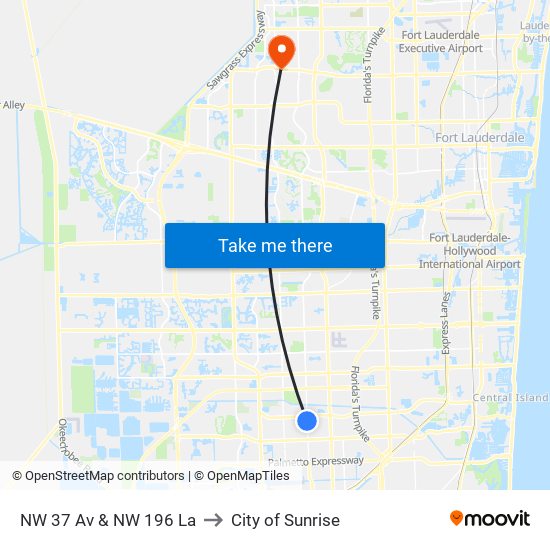 NW 37 Av & NW 196 La to City of Sunrise map