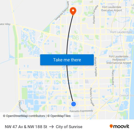 NW 47 Av & NW 188 St to City of Sunrise map