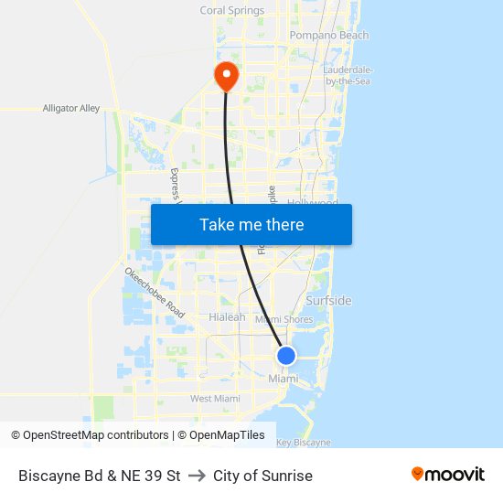 Biscayne Bd & NE 39 St to City of Sunrise map