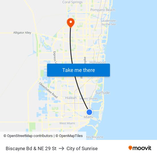 Biscayne Bd & NE 29 St to City of Sunrise map