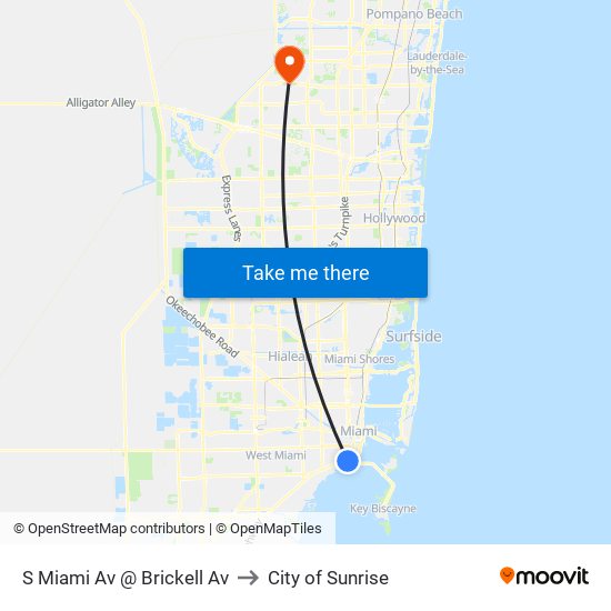 S Miami Av @ Brickell Av to City of Sunrise map