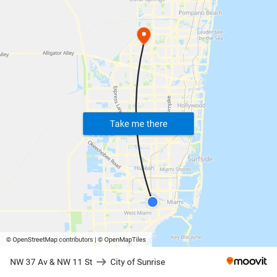 NW 37 Av & NW 11 St to City of Sunrise map