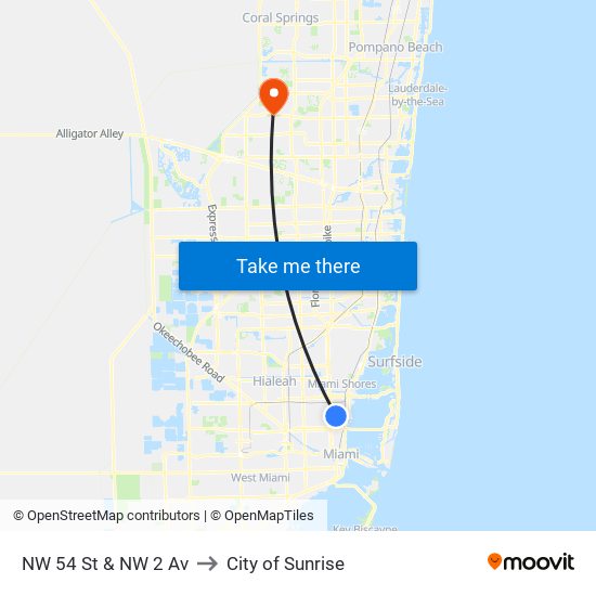 NW 54 St & NW 2 Av to City of Sunrise map