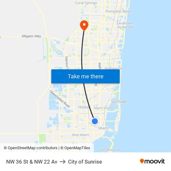 NW 36 St & NW 22 Av to City of Sunrise map