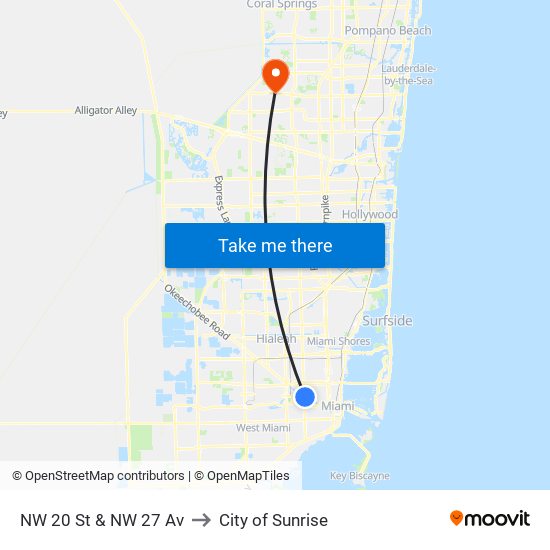 NW 20 St & NW 27 Av to City of Sunrise map