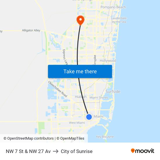 NW 7 St & NW 27 Av to City of Sunrise map